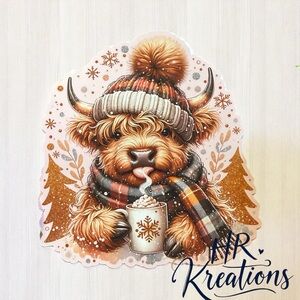 Cute Highland‎ Cow Watercolor Winter Hot Cocoa Hat Scarf Card Stock Car Freshie